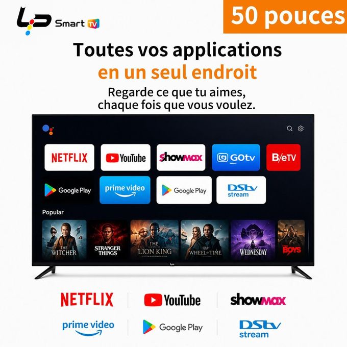 LP TV intelligente LP 55 - 4K UHD - Android 14.0 - 1,5+8G - Sans bordure - WiFi - 3 ports HDMI + 2 ports USB + Garantie 1 an - Noir